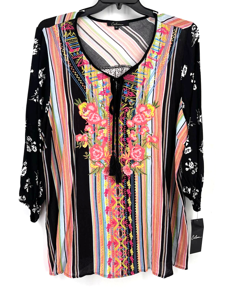 New Calessa Boho Floral Embroidered Stripe Tunic Shirt Size Small Black Pink